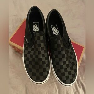 Vans Black/Black Checkerboard Slip On Shoes NEW